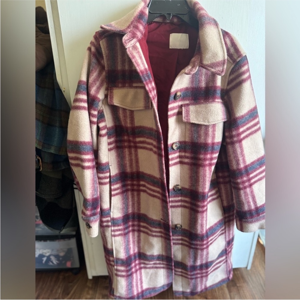 H&M Red and Cream Plaid Utility Jacket